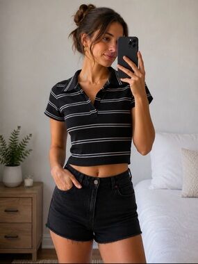 Essentials Black Striped Cropped Polo Top